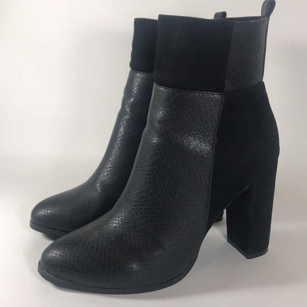 NYLA Checkerboard Snake and Suede Black Booties